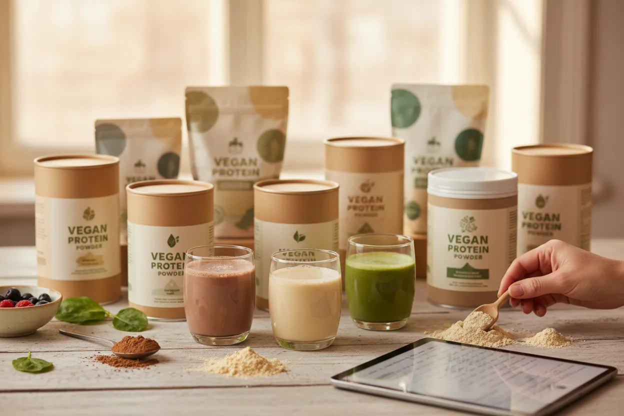 Assorted vegan protein powder containers and a smoothie ready for taste testing