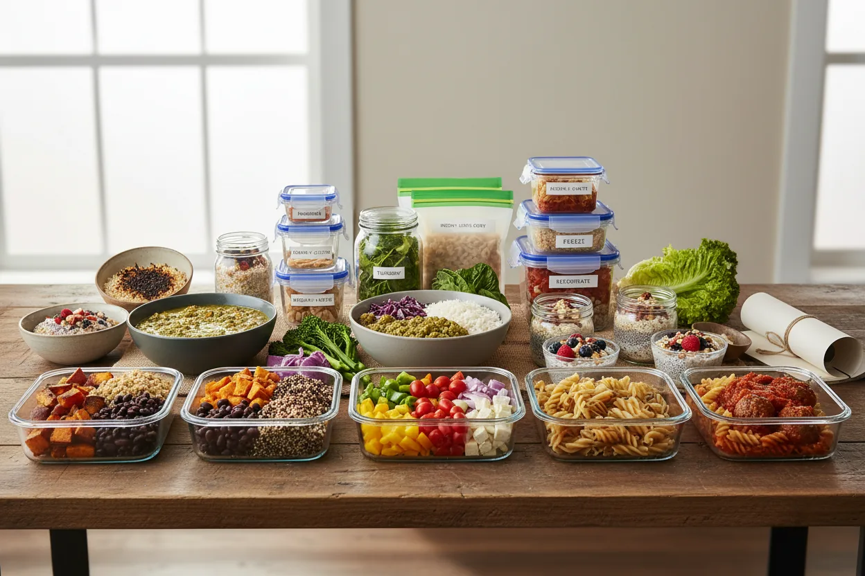 Batch-cooked vegan meal prep containers with grains, roasted vegetables and sauces