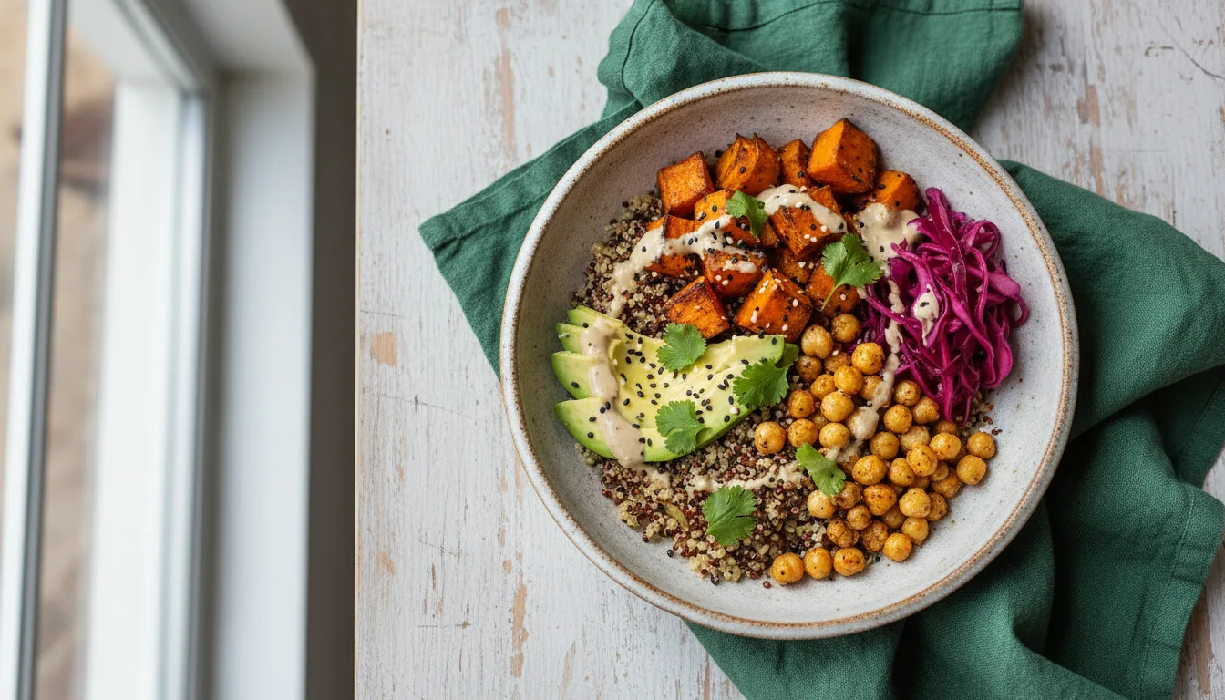 Overhead view of a vibrant vegan grain bowl with roasted sweet potato, chickpeas, avocado, pickled red cabbage and tahini drizzle