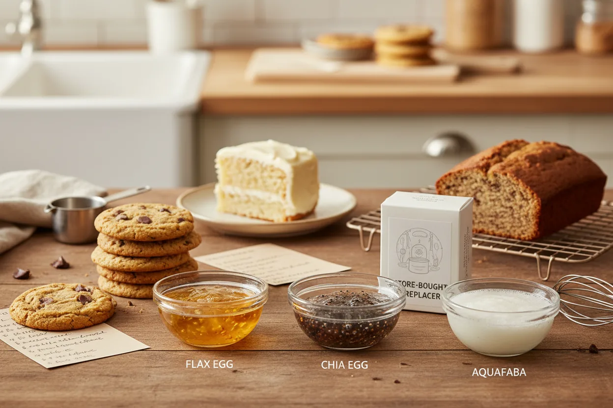 Ingredients for vegan egg substitutes including flax, chia and aquafaba laid out for baking